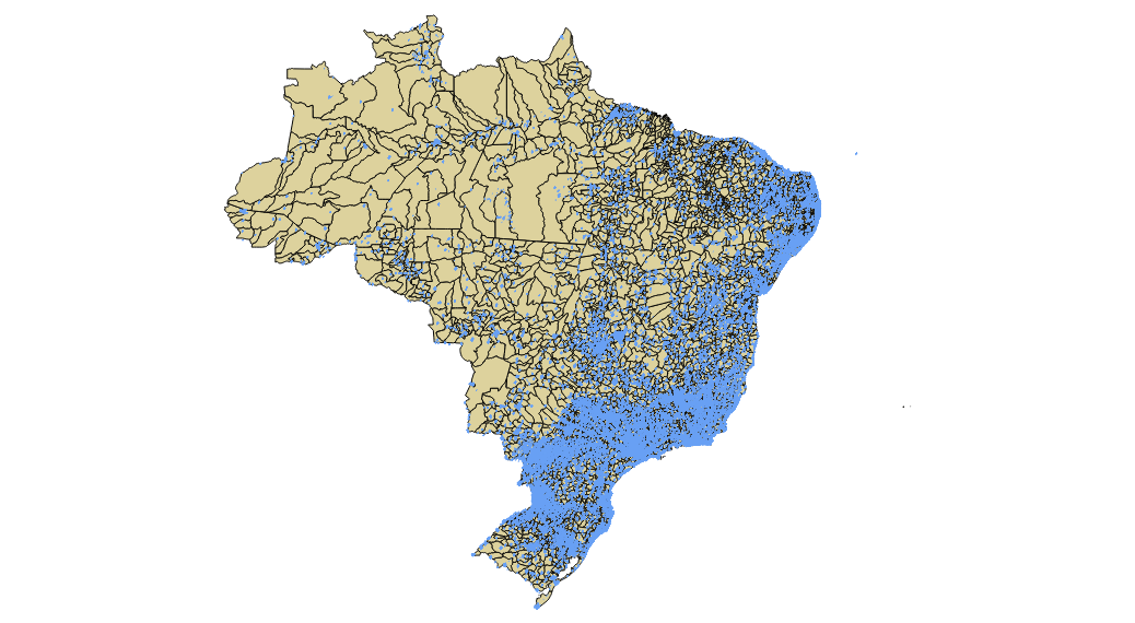 Sobreposição das ruas residenciais sobre o território dos municípios brasileiros