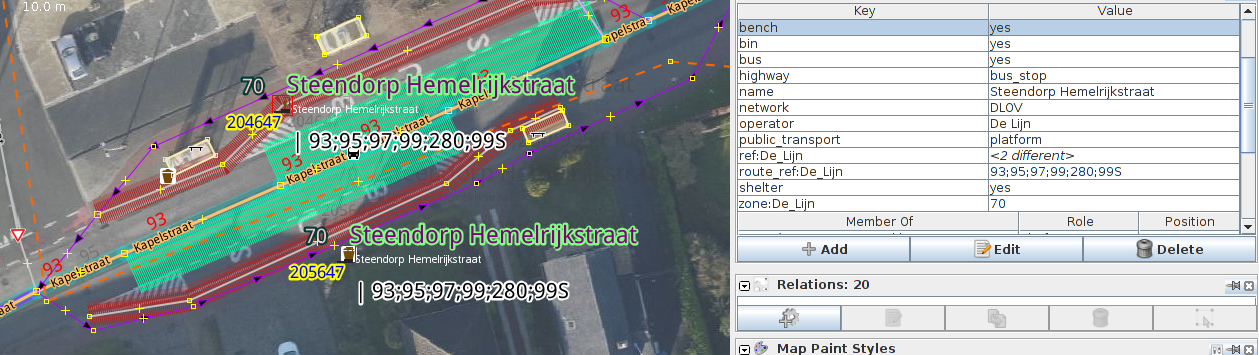 While adding more and more details to the geometry and the objects around the stop, there was no need to change the tags of the pivot object - the highway=bus_stop public_transport=platform node - or transfer them to an other OSM object.