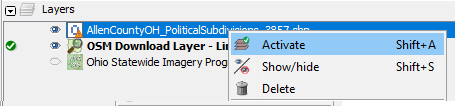 Right-click the shapefile layer and select "Activate"