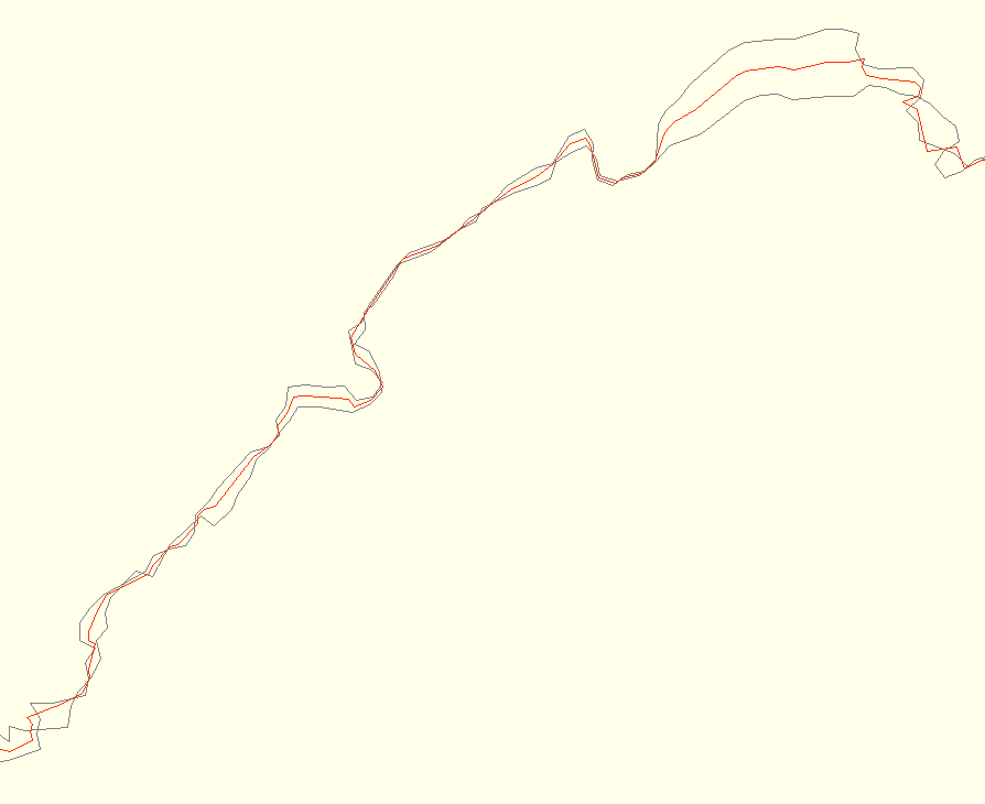 Screenshot from josm showing an average track. The red track is the average, the two on the sides are the source tracks.