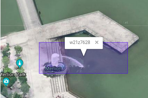 At GoogleMap's zoom, in its Geohash cell of ~10m×5m. Using a 8-length code, w21z7628. The Singapure's Geohash cell is w2 prefix (or w21 excluding Pedra Branca island).
