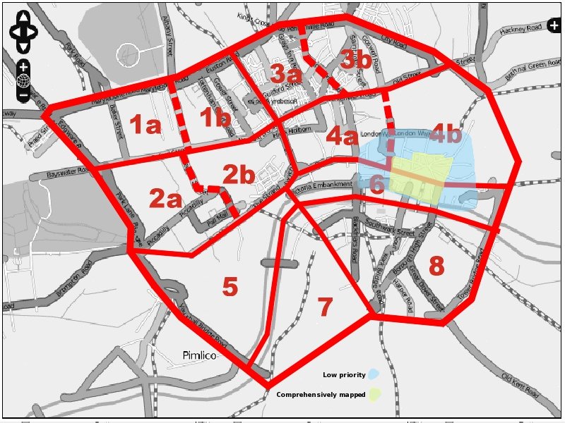 Area to be mapped divided into sectors, using major roads and the Thames