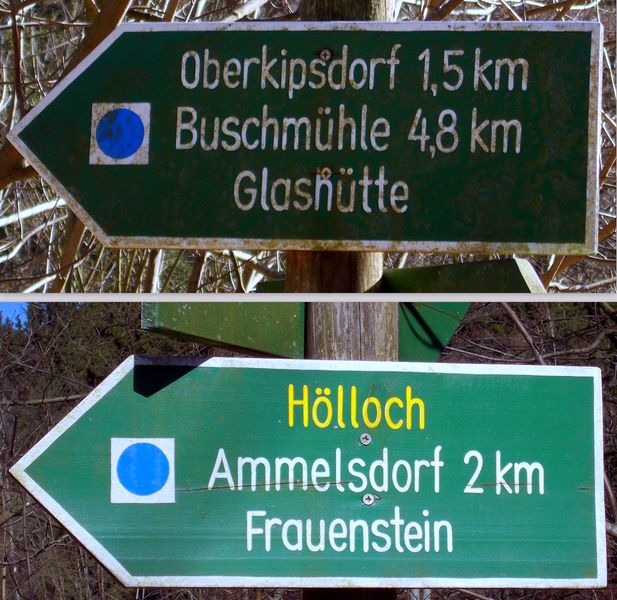 File:2014 Wanderwegweiser blauer Punkt an der Wahlsmühle Schmiedeberg.jpg