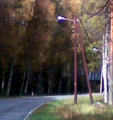 A typical wooden pole in a curve, vertical pole with a diagonal support pole.