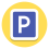 A 駐車場の標識：青色の四角形。白いふちどりがある青色の四角形で、白色のPの字。背景は黄色。