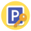 a parking street sign (it is a white P on a blue square with a white border on a yellow background) and a yellow key in the foreground
