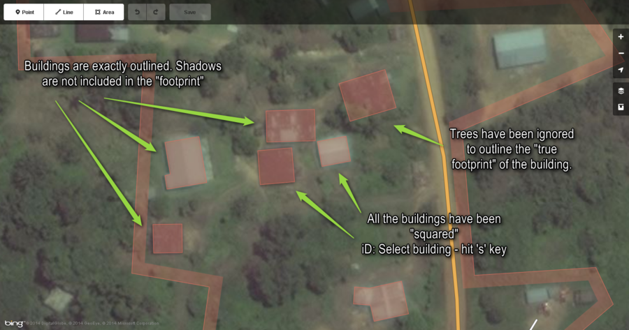 This image just points out the import things when mapping buildings. As mentioned above: Closely follow the actual outline of the building and square the corners.