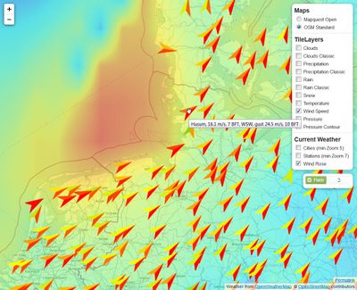 OSM map ("mapnik") of North Sea and Northwest Germany with a wind speed overlay for the storm on 28th October 2013