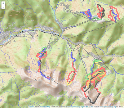 screenshot of a topographic slippy map with overlaid pistes