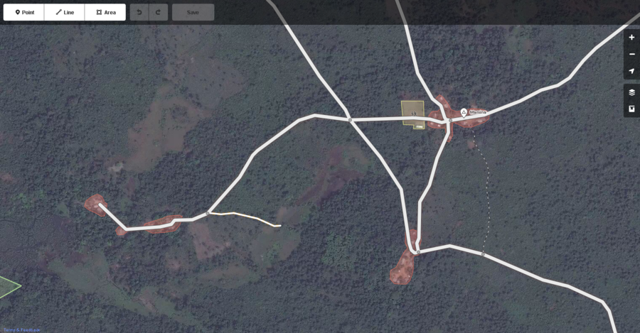 Typical small villages connected by roads in West Africa with items correctly mapped in OSM as displayed by the iD web browser OSM editor