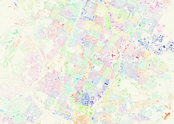 A map of building footprints from the City of Austin, colored by census block group.