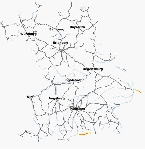 Bayerische Bahnstrecken mit OSM-Datenstand vom 7. September 2008
