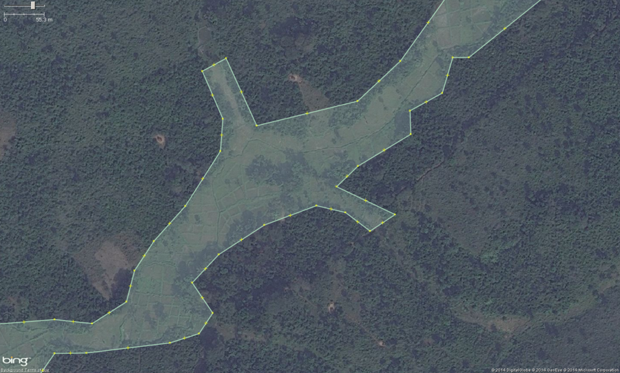 This is the same area as above, but zoomed in and having been outlined for mapping JOSM. These are rice paddies and the key features to help you identify them are: 1. Large squares or irregular rectangles with earthen/vegitated dividers. 2. A central water canal with fields usually on each side. 3. Often in a wet or low land flood plain area. This should be tagged with landuse=farmland. Optionally, you can add the crop=rice tag.