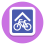 青色の四角形（道路標識に似た形）の上に白い三角がひとつ（屋根）とその下に自転車が1台