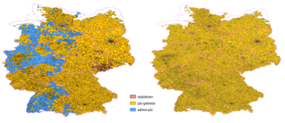 comparison of two before and after postcode data consolidation maps of Germany