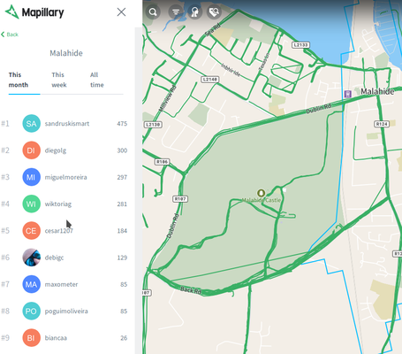 Dados obtidos pelos nossos alunos (a verde) e os nomes dos utilizadores OSM (coluna da esquerda) no Mapillary Resultados no Mapillary