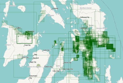 screenshot of a map of a part of the Philippines overlaid with green rectangles representing OSM changesets after Typhoon Haiyan