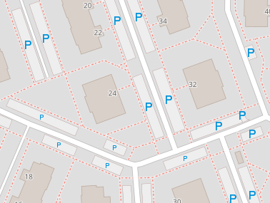 Comparaison entre le rendu de amenity=parking avec parking=street_side ou parking=lane, et ceux avec parking=surface (ou pas du tout de parking=*) dans le fond de carte standart OSM Carto; le plus petit P est utilisé pour parking=street_side et parking=lane.