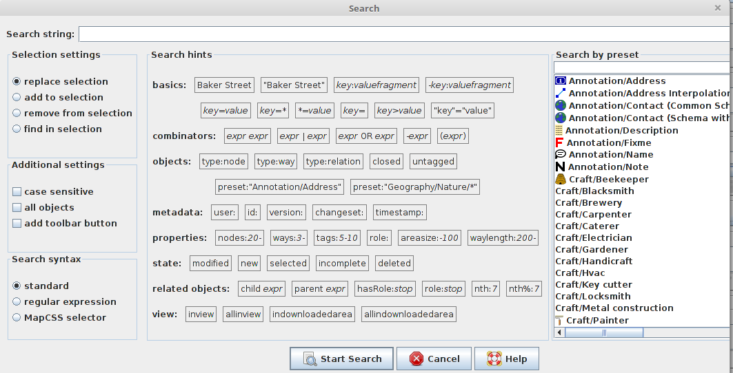 JOSM search dialog now includes search based on presets