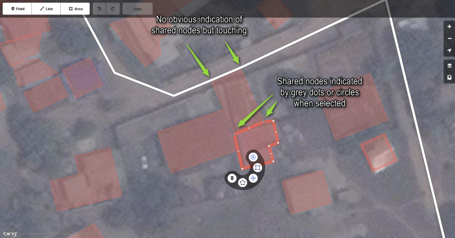 Typical buildings in West African city with a common mapping mistake, shared nodes with roads and other buildings displayed in the iD editor with some annotations.