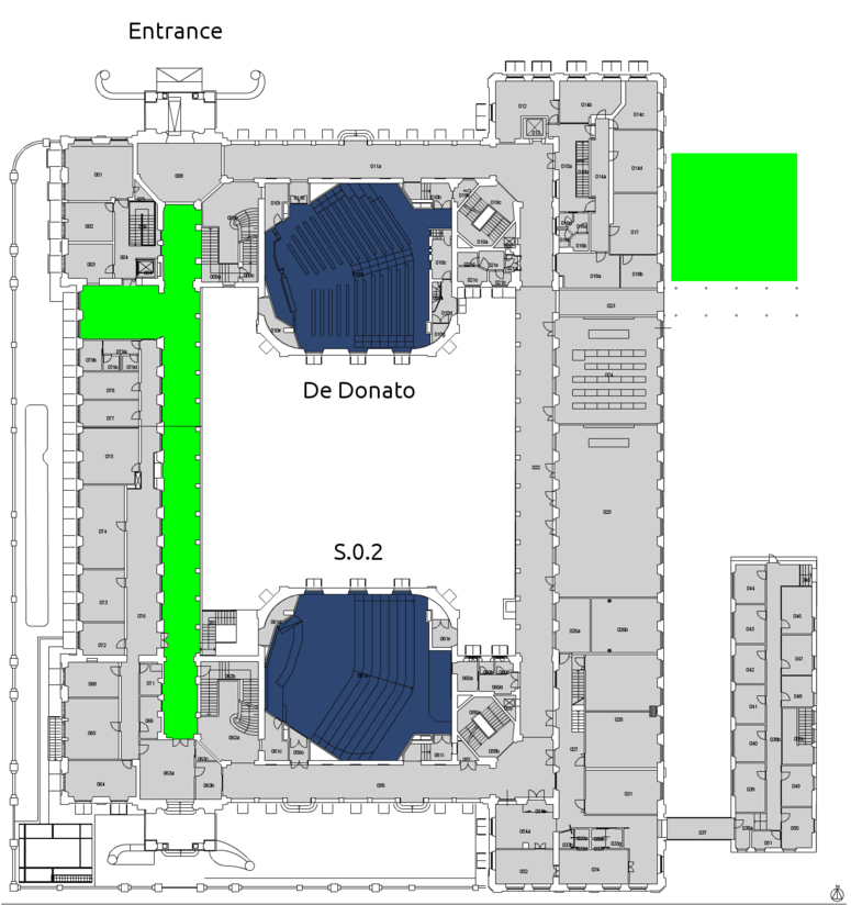 Ground floor. The two lecture theatre style rooms are colored in blue; the spaces highlighted in green are suitable for reception, sponsor and catering