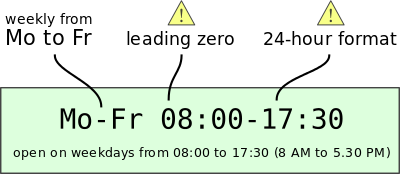 Image demonstrating to use a hyphen to separate the first and last weekday in the range, a space between the day range and the time interval, and noting that a leading zero is mandatory.