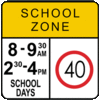 40kph between 08:00 and 09:30 and 14:30 to 16:00 road sign