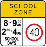 40kph between 08:00 and 09:30 and 14:30 to 16:00 road sign