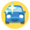 a blue car on a yellow background and some starts on the top