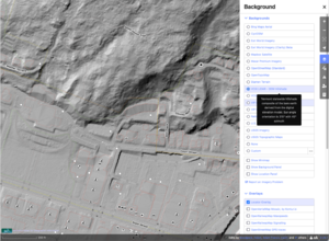 Screenshot of the iD editor showing the LiDAR Digital Elevation Model (DEM) hillshade imagery