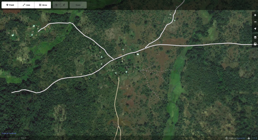 Typical roads, tracks and paths around and between small settlements mapped most helpfully as displayed by the iD web browswer OSM editor
