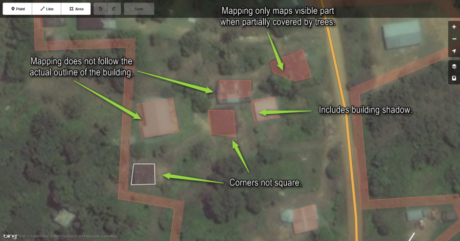These are the common things mappers will overlook when mapping buildings. Zoom in and out when mapping buildings to get a good view of what the actual footprint of the building is. Trace the building as exactly as possible.