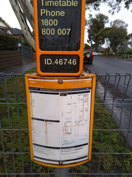 File:Bus stop ID and timetable at Sheils Reserve on Duggan Street, Brunswick West, Victoria.jpg