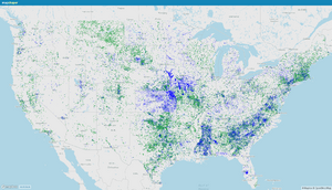 Map from Mapshaper OSM objects tagged with ref:US:NID in green, and coordinates from the U.S. National Inventory of Dams not tagged in OSM in blue