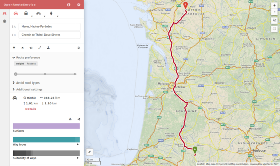 OpenRouteService (site) – Est bien plus qu'un site avec un service d'itinéraire pour voitures, piétons et vélos. L'integration des personnes à mobilité réduite (le projet ici) est en cours. Basé sur les standards ouverts et les données OpenStreetMap.
