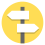 two white street signs without text, in the form of horizontal rectangles with an arrow at one side, one pointing to the left and one to the right. They are mounted on a grey or brown pole and presented on a yellow background.