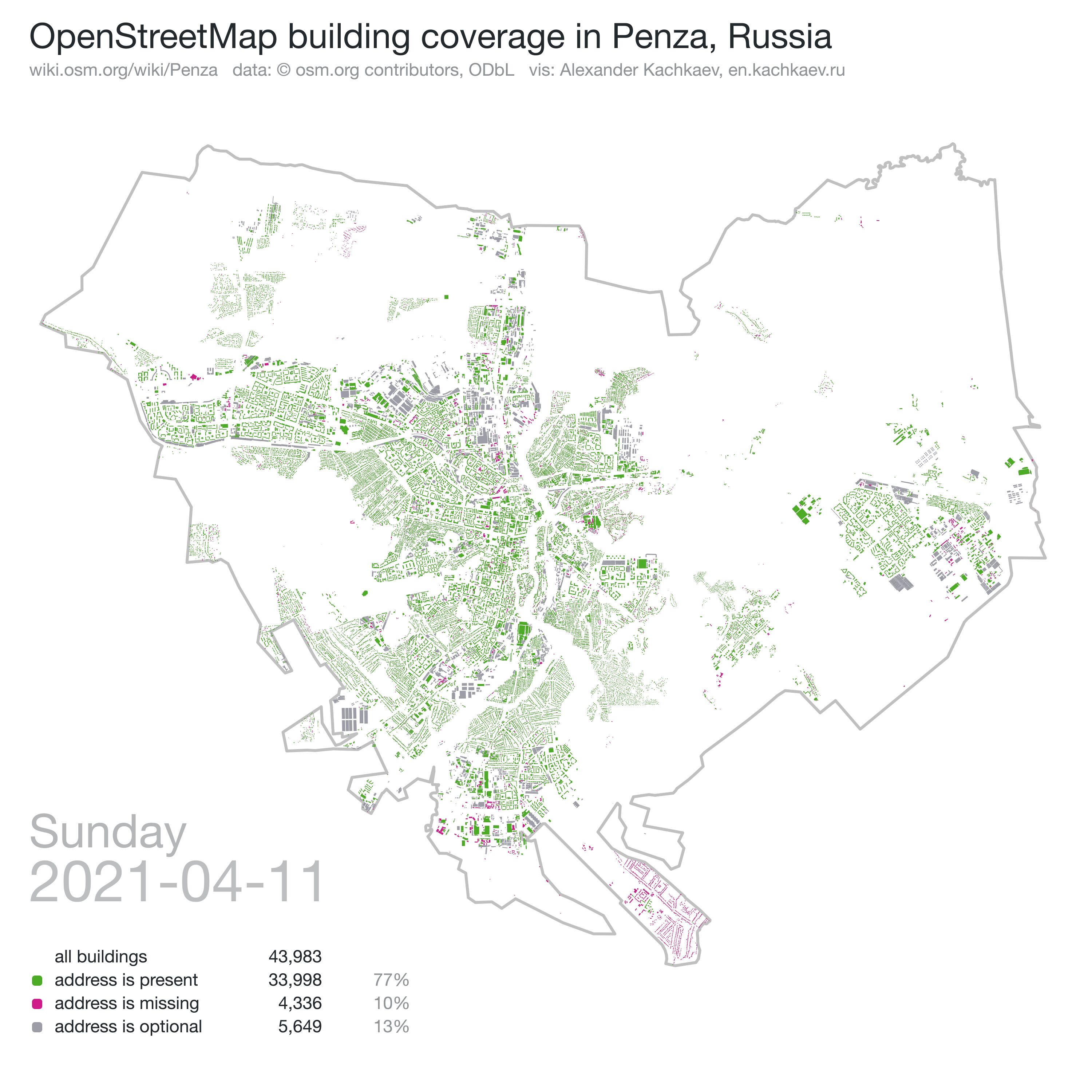 geo map with buildings in Penza coloured by their address status (most of the building outlines are green)