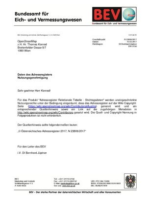Nutzungsgenehmigung des Österreichischen Adressregisters vom Österreichischen Bundesamt für Eich- und Vermessungswesen
