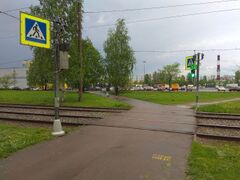 Tram crossing with traffic signals in Saint-Petersburg, Russia