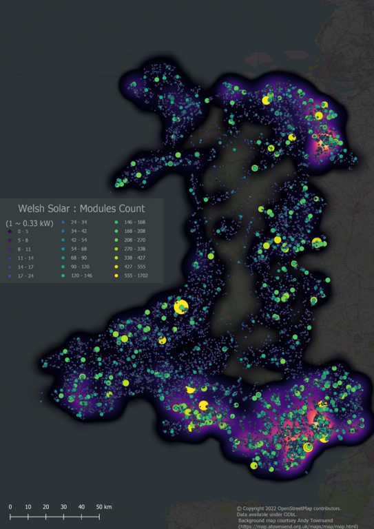 Small-scale Solar Power in Wales; Heat map overlaid with individual solar arrays