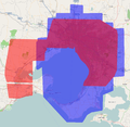 Abdeckung der Yahoo!- und NearMap-Luftbilder (blau bzw. rot) im Großraum Melbourne und Geelong, Australien