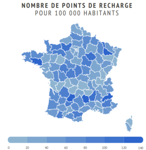 Nombre de points de recharge pour 100 000 habitants en novembre 2019, données du Baromètre de la mobilité électrique par Avere-France - GIREVE