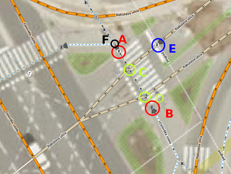 The same example intersection with labelled nodes to facilitate communication