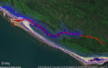 Kartierung eines Gezeitenkanals (rote Linie mit Pfeilen) im Mangrovenwald in JOSM-Editor