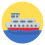 a grey ship with a red bottom in the water shipping to the left on a yellow background