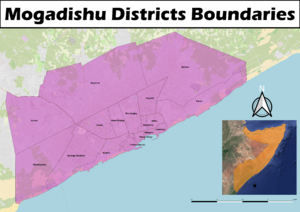 A map showing the 17 districts in Mogadishu city, Somalia