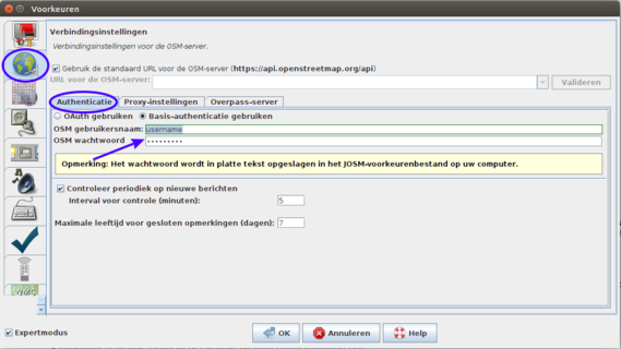 Nederlands: OSM gebruikersnaam en wachtwoord ingeven